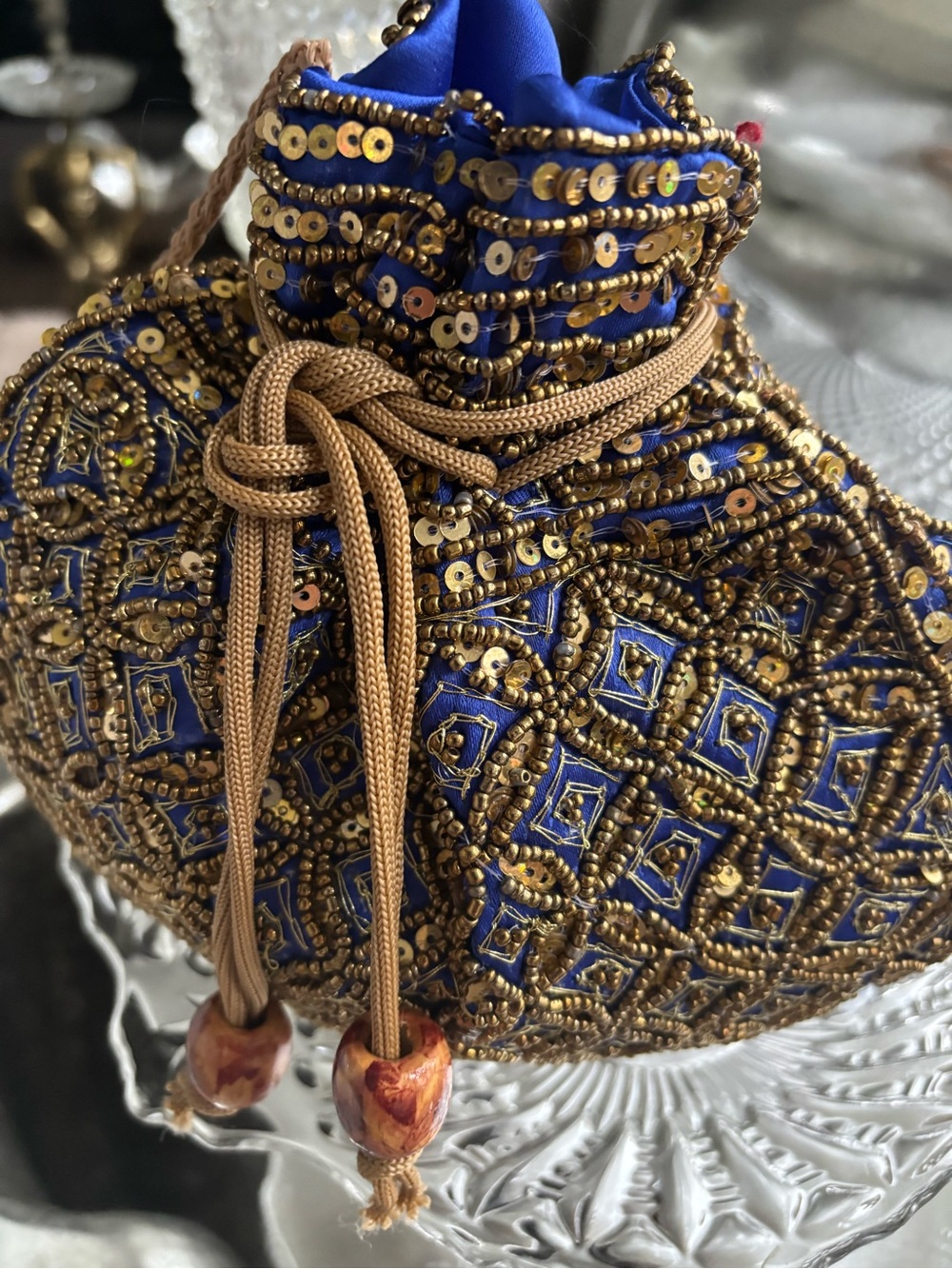 Beaded Royal Blue Drawstring Mini Evening Bag poti bag stunningly beautiful